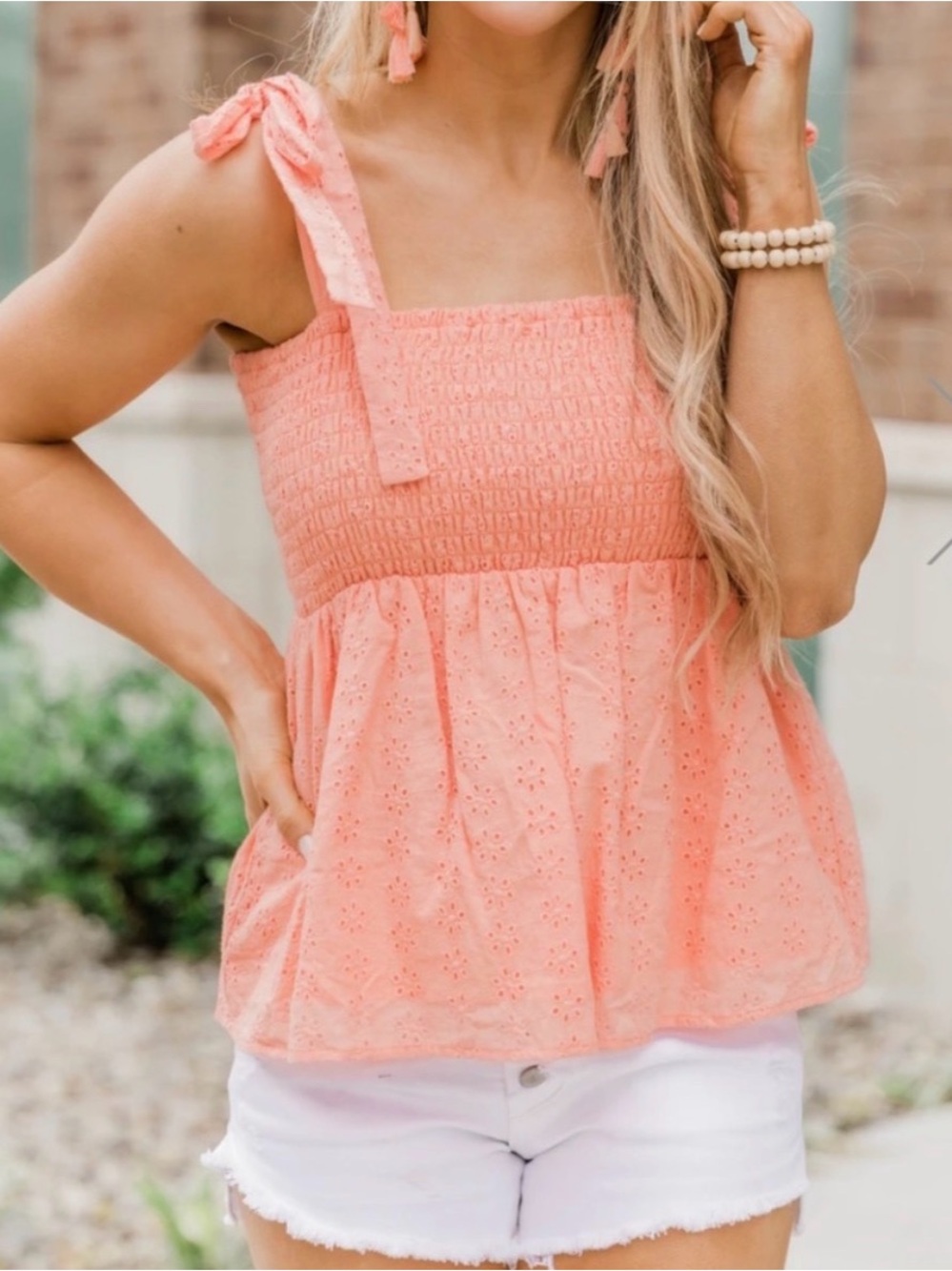 NWT Pink Lily Women’s Smocked Eyelet Tie-Shoulder peplum Top - Peach